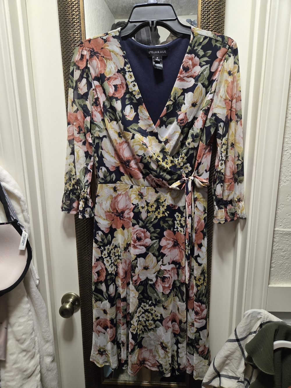 Navy Floral Wrap Dress with Pink Blooms